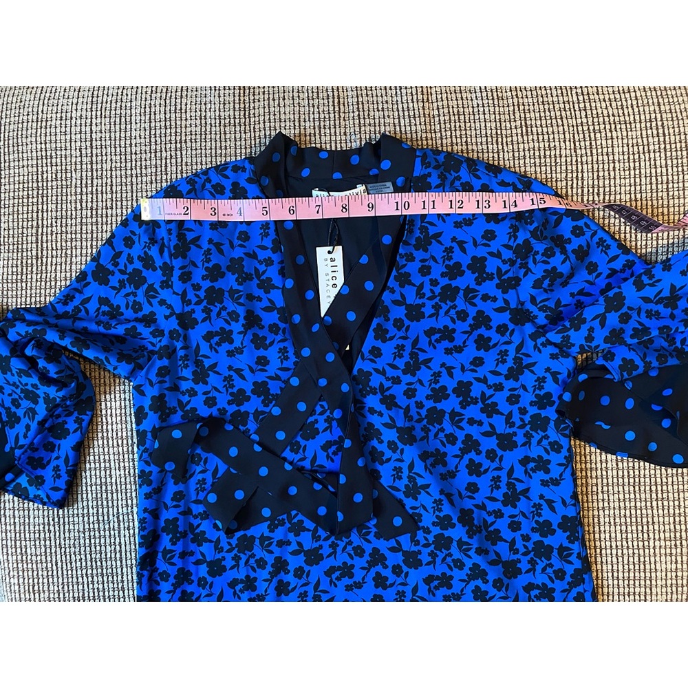 Alice + Olivia Wellesly Mixed Print Tie Neck Blue Black Mini Dress - Picture 9 of 16